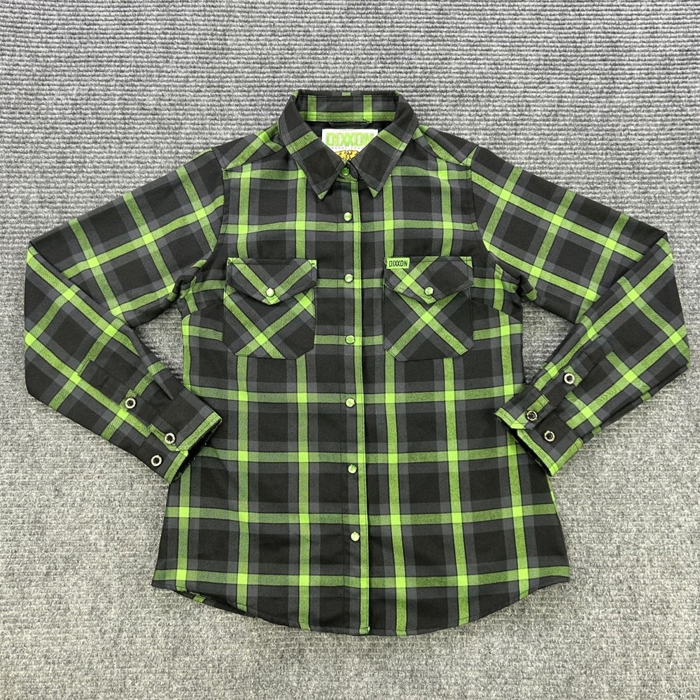Dixxon Flannel Co Lime Green Black Plaid Button Down Shirt Womens Small Workwear - Picture 2 of 16